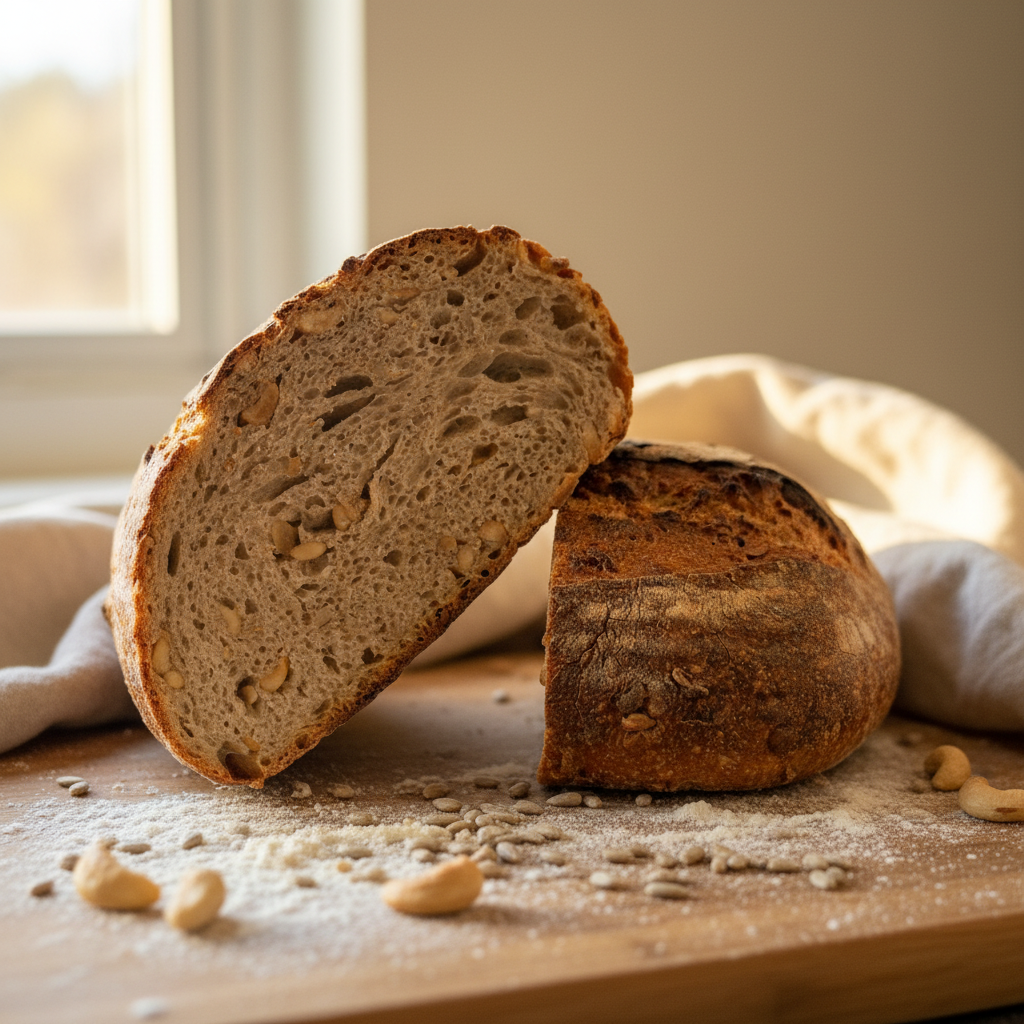 Surdeigsbrød med cashewnøtter og solsikkekjerner, delt i to