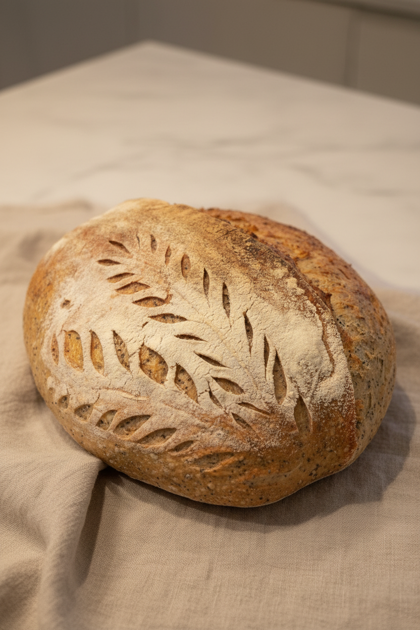 Surdeigsbrød med valmuefrø - skorpe med bladmønster