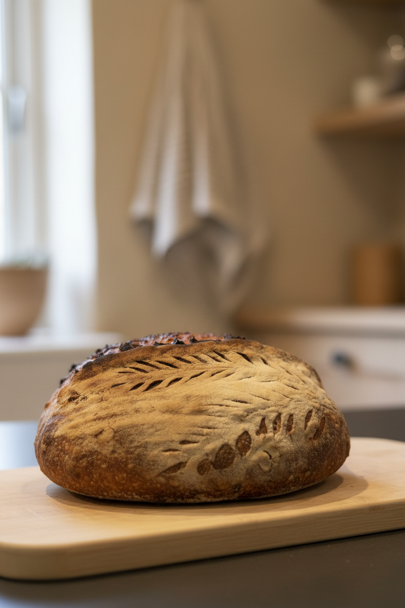 Surdeigbrød med hveteaks-snittmønster på trebrett
