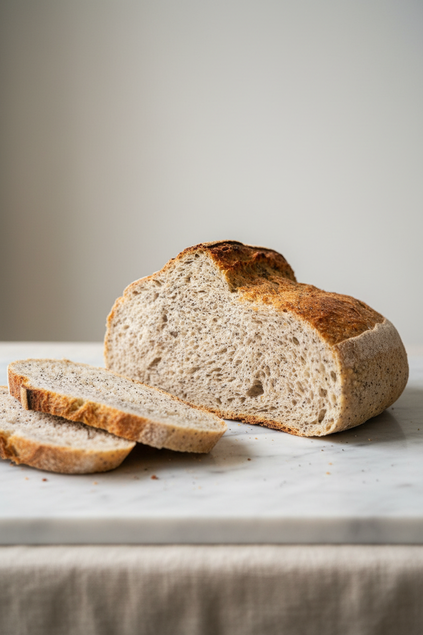 Surdeigsbrød med valmuefrø - snitt med krumme